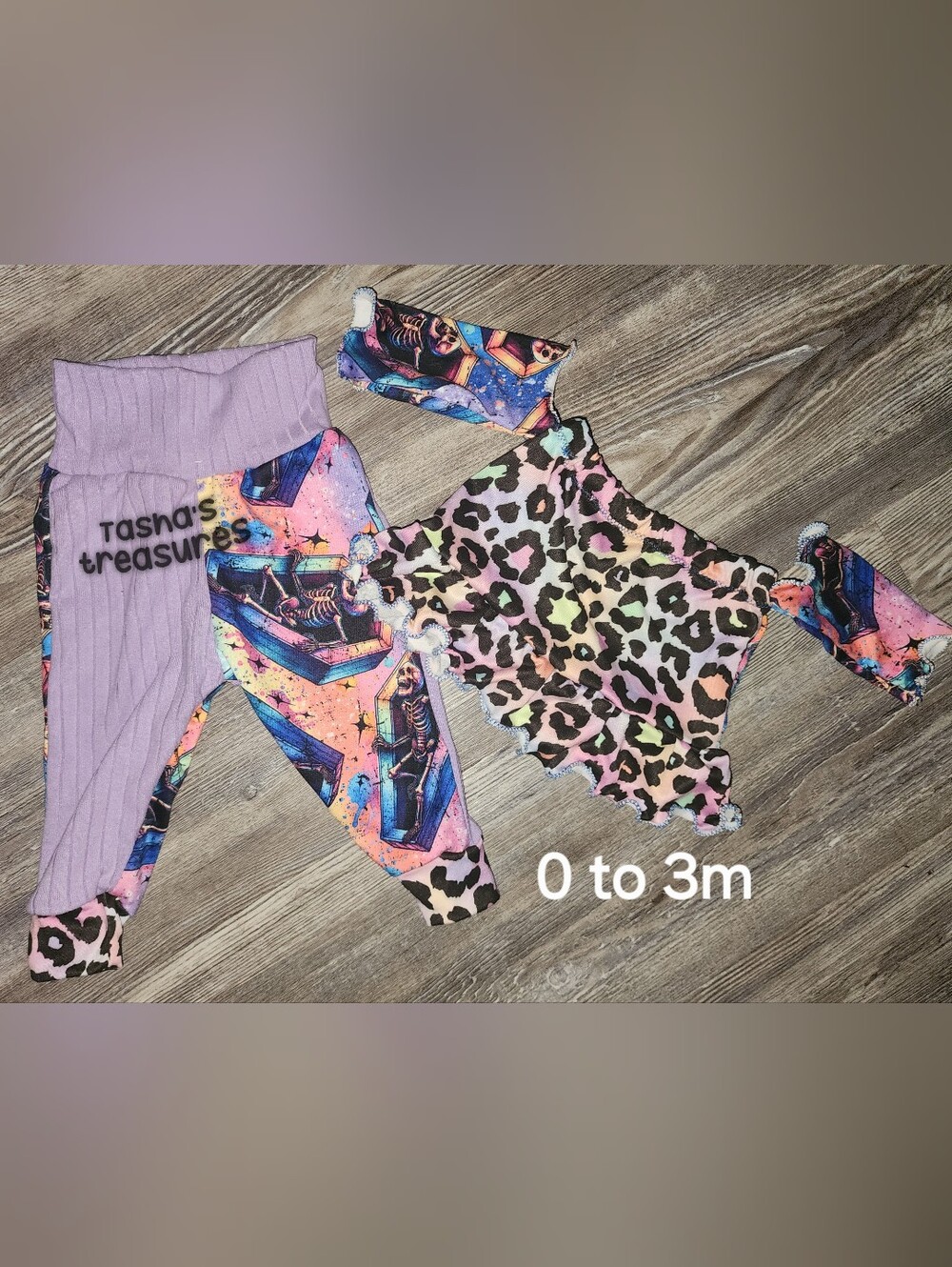 Spooky Baby Set Pastel Leopard & Skeleton Print Colorful 0 To 3 M Off Shoulder